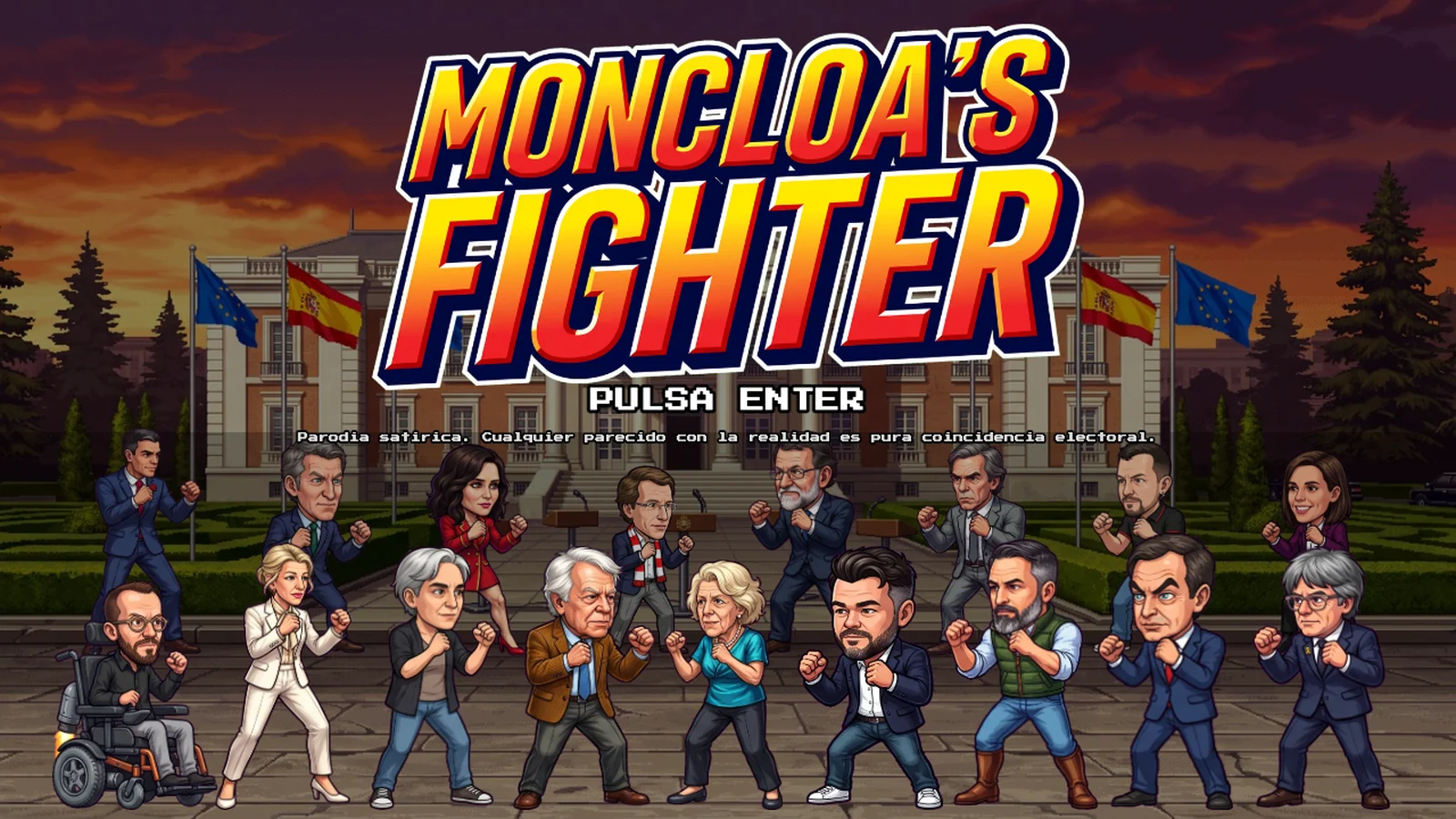 Pantalla de título de Moncloa's Fighter con los luchadores delante del palacio