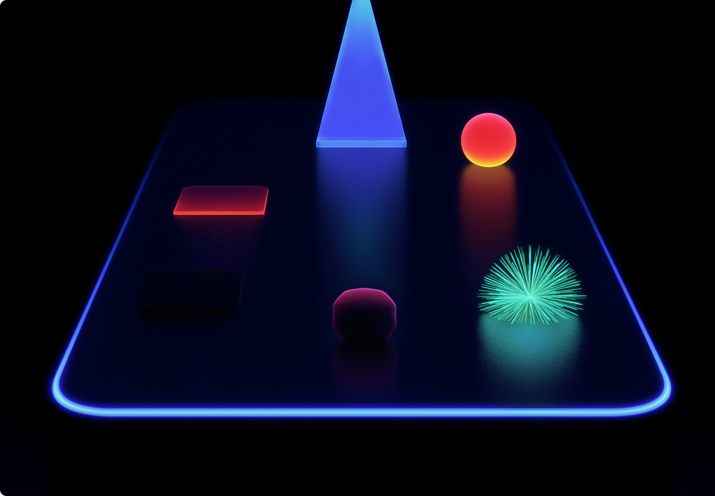 Ilustración 3D futurista con formas geométricas iluminadas en neón que simbolizan la inteligencia artificial y la automatización de procesos