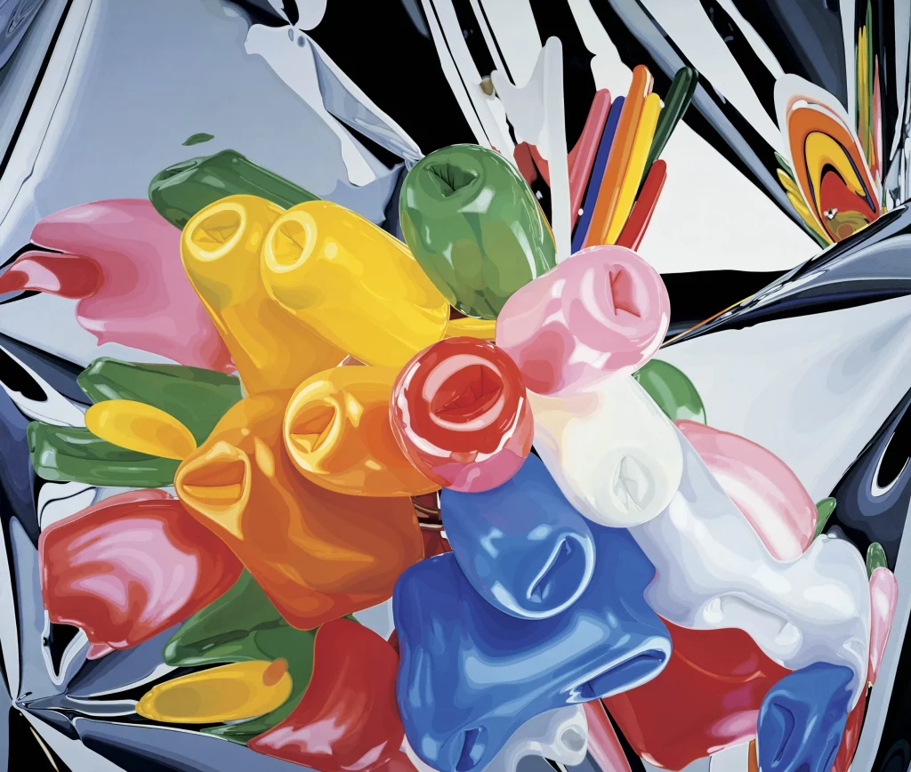Tulips, pintura de Jeff Koons de la serie Celebration con tulipanes de globo brillantes
