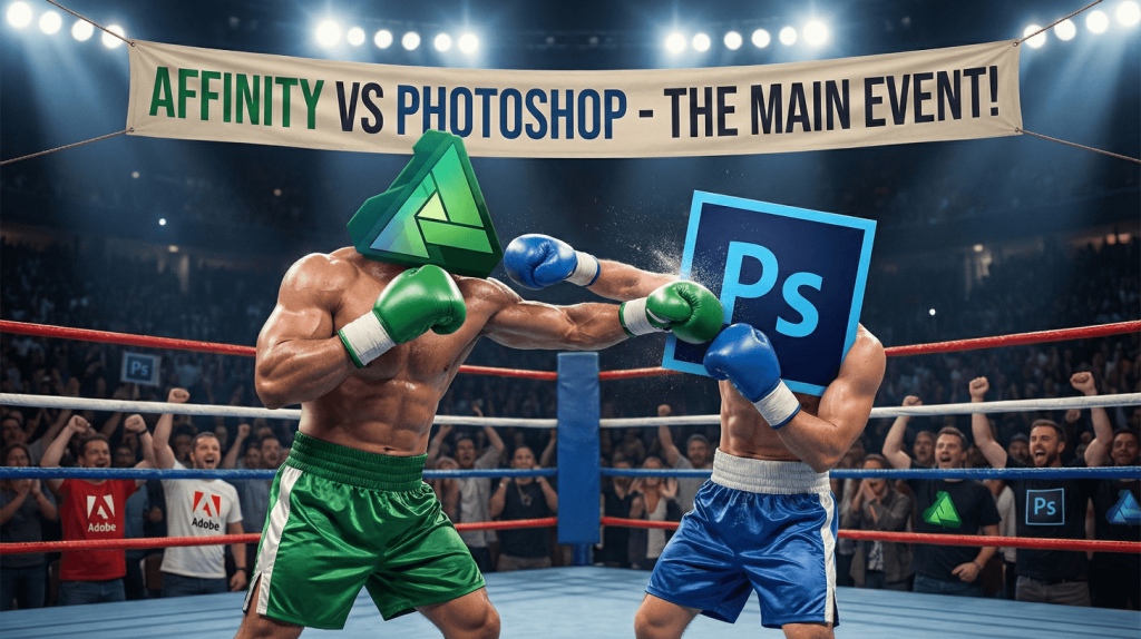 Montaje realista de un ring de boxeo donde se enfrentan los logotipos de Affinity y Photoshop como luchadores, representando la competencia de software de diseño gráfico.