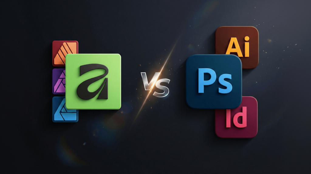 Gráfico comparativo enfrentando los logotipos de la suite Affinity (Designer, Photo, Publisher) contra los de Adobe Creative Cloud (Illustrator, Photoshop, InDesign) sobre fondo oscuro.