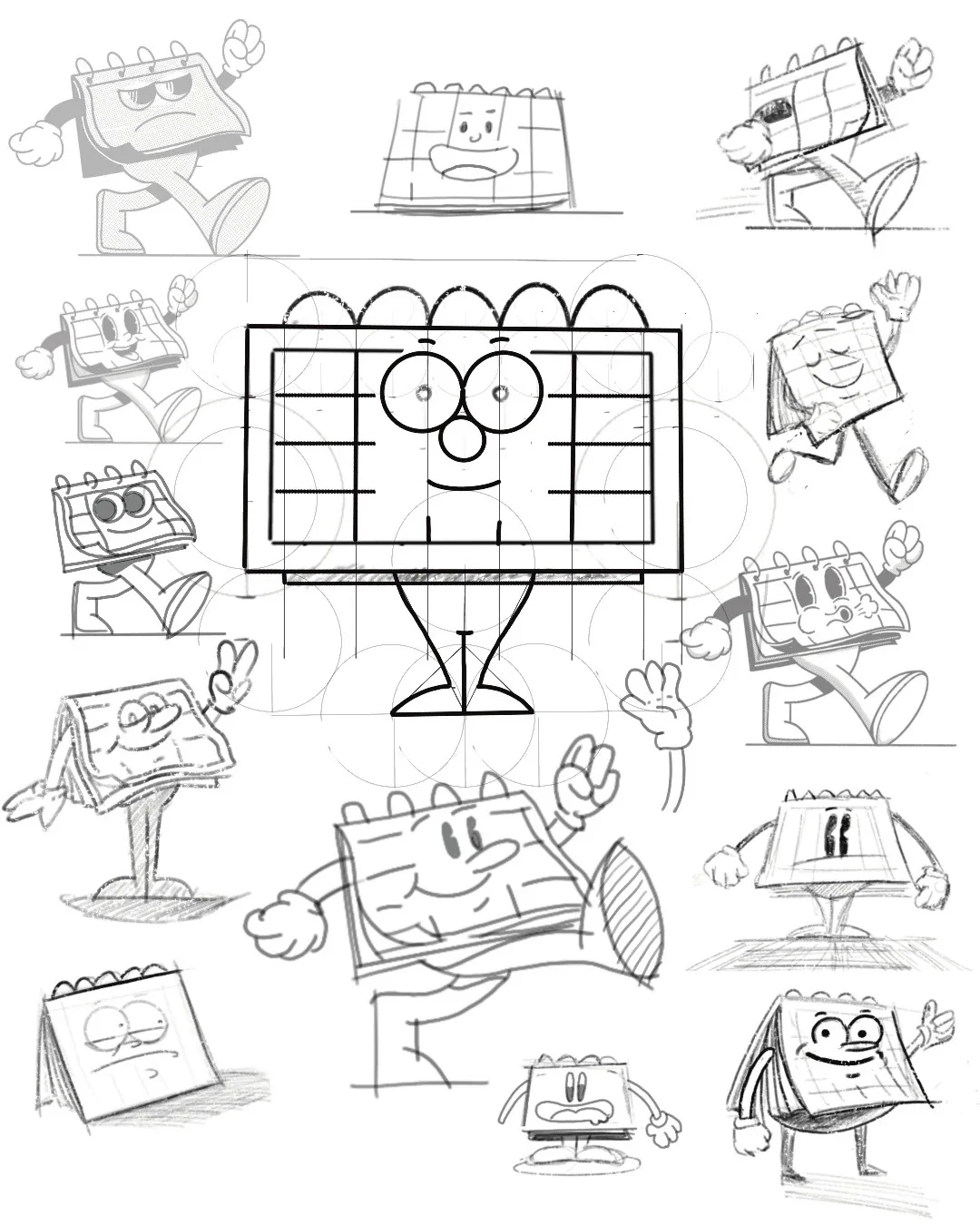 Bocetos de poses y forma de la mascota calendario de Design From Valencia