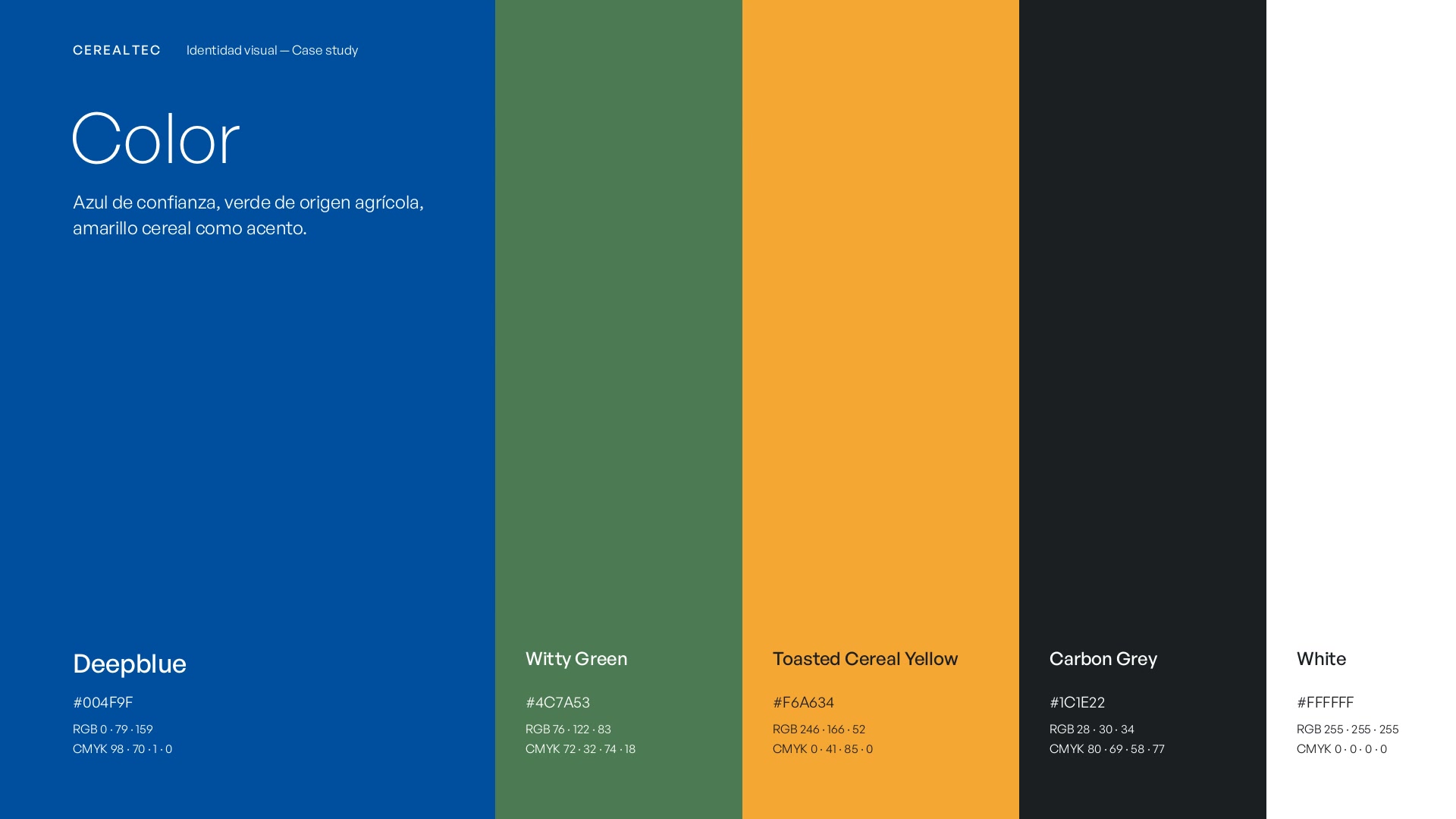 Paleta de color de Cerealtec: azul, verde, amarillo cereal y gris carbón