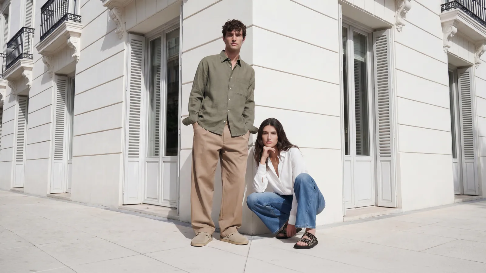 Pareja con sandalias D Franklin por la calle, imagen de campaña creada con IA