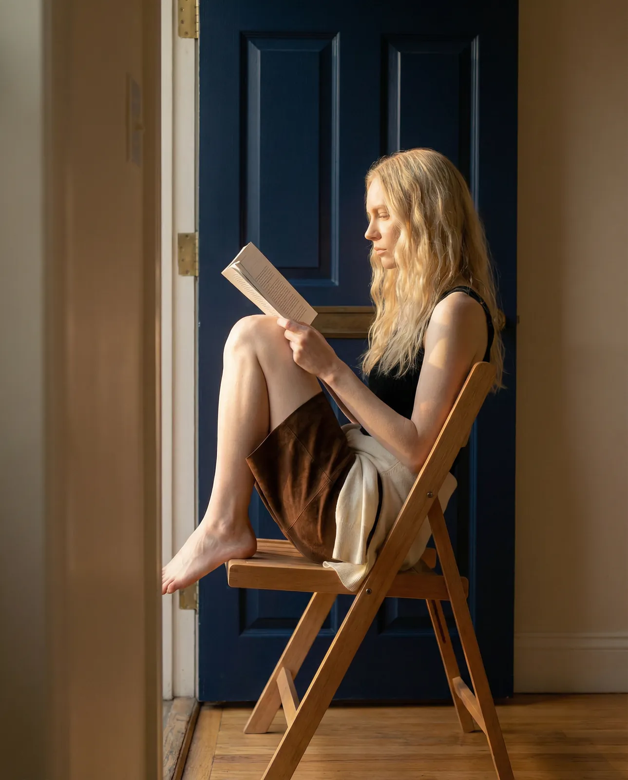 Modelo leyendo en el umbral de una puerta con zuecos DFranklin, foto IA
