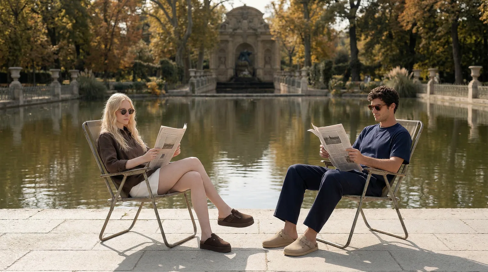 Pareja leyendo el periódico junto a un estanque con sandalias DFranklin
