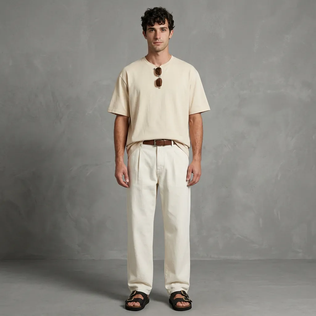 Modelo virtual IA con outfit crema y sandalias negras DFranklin