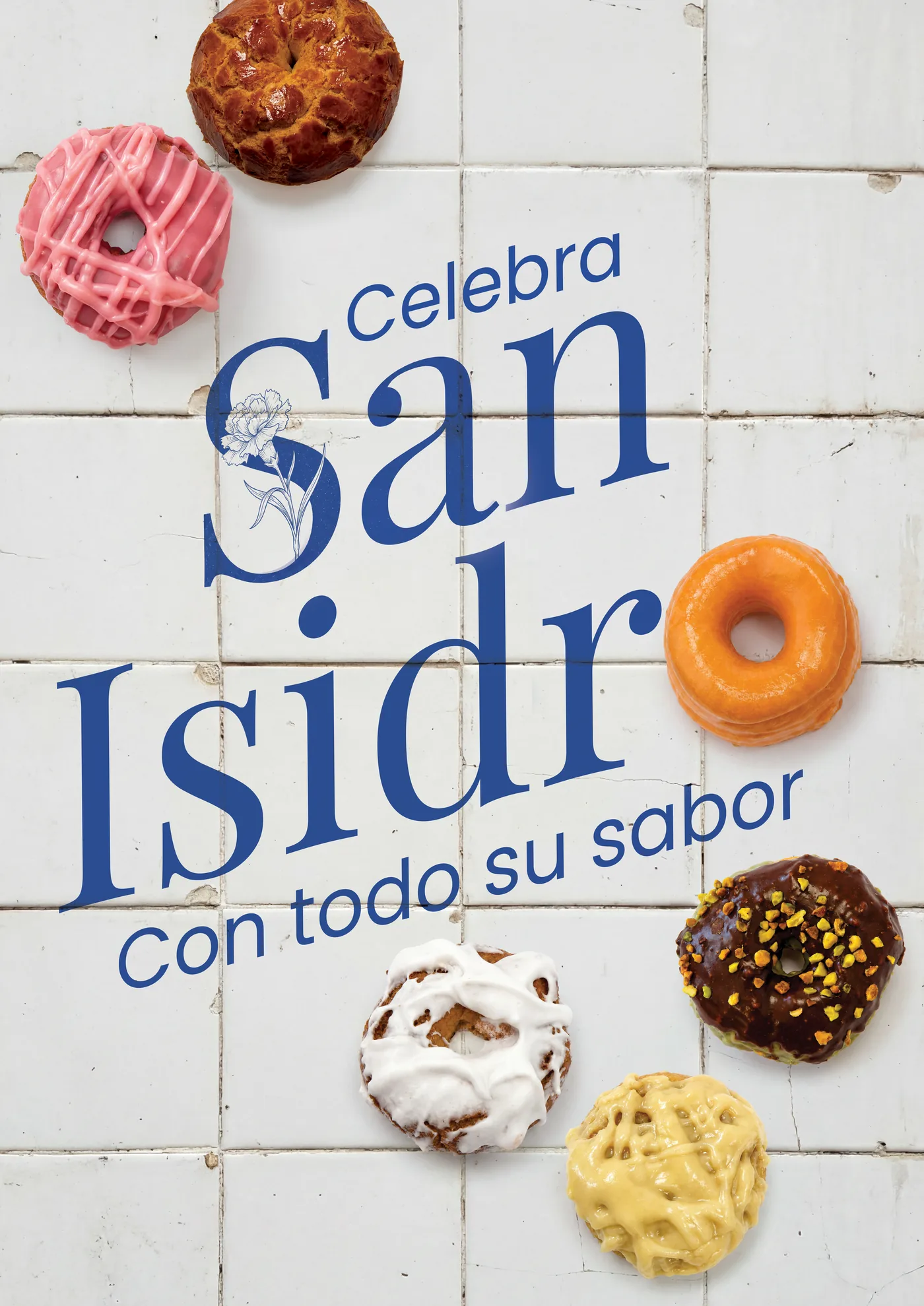 Cartel de San Isidro para La Mallorquina con rosquillas sobre azulejo blanco, creado con IA