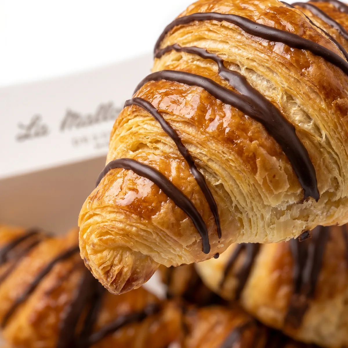 Croissant con chocolate de La Mallorquina en primer plano, fotografía de producto con IA