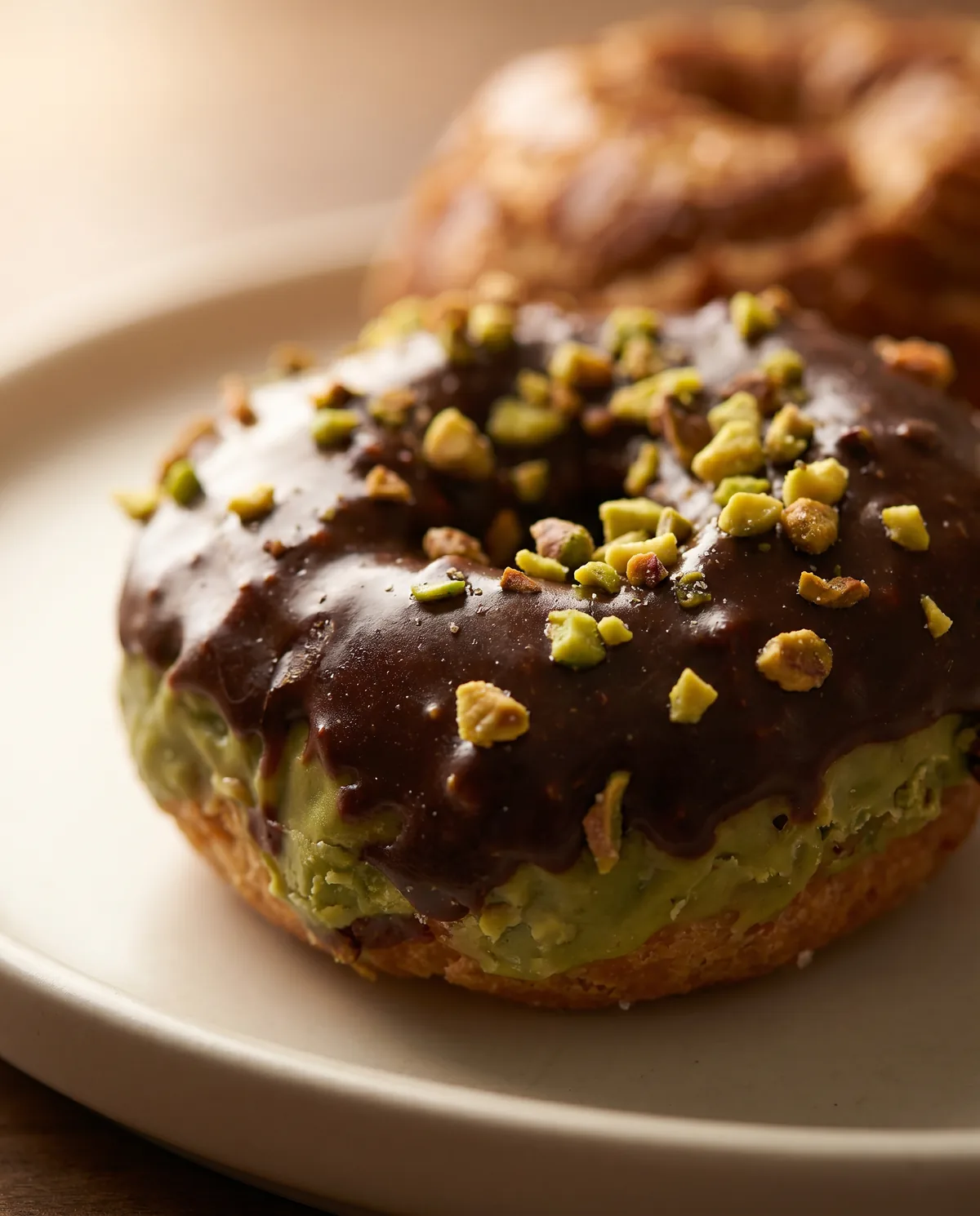 Detalle de rosquilla de chocolate y pistacho de La Mallorquina, fotografía de alimentos con IA