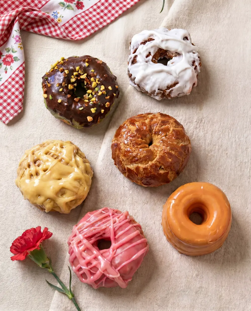 Rosquillas de La Mallorquina con mantel de vichy y clavel rojo, estética chulapa creada con IA