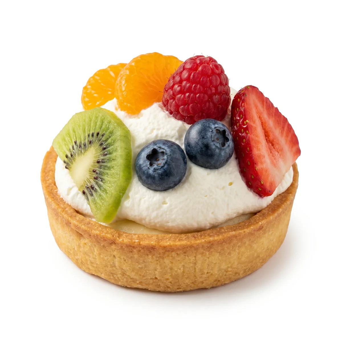 Tartaleta de frutas de La Mallorquina sobre fondo blanco, fotografía de producto con IA