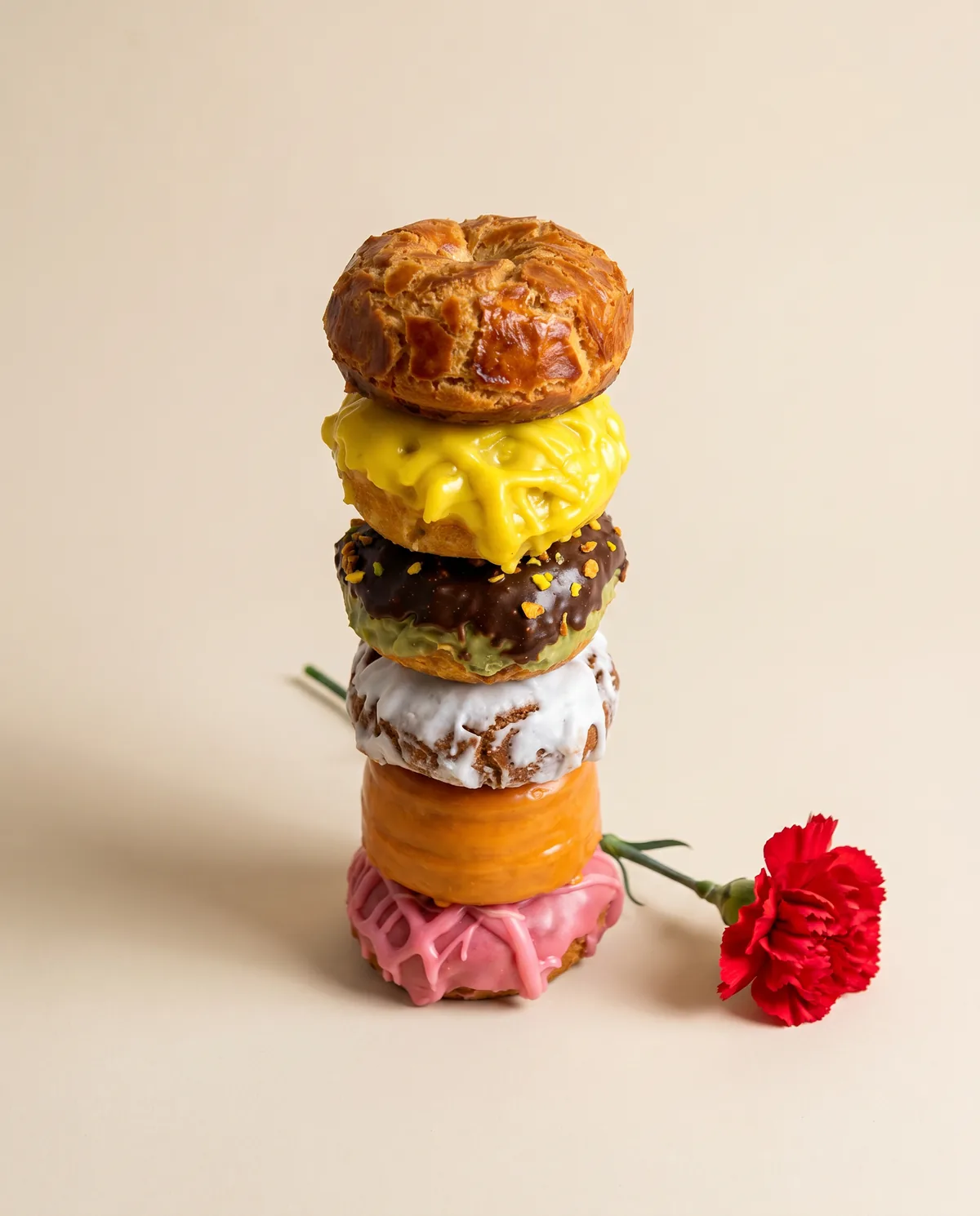 Torre de rosquillas de San Isidro con clavel rojo para La Mallorquina, creada con IA