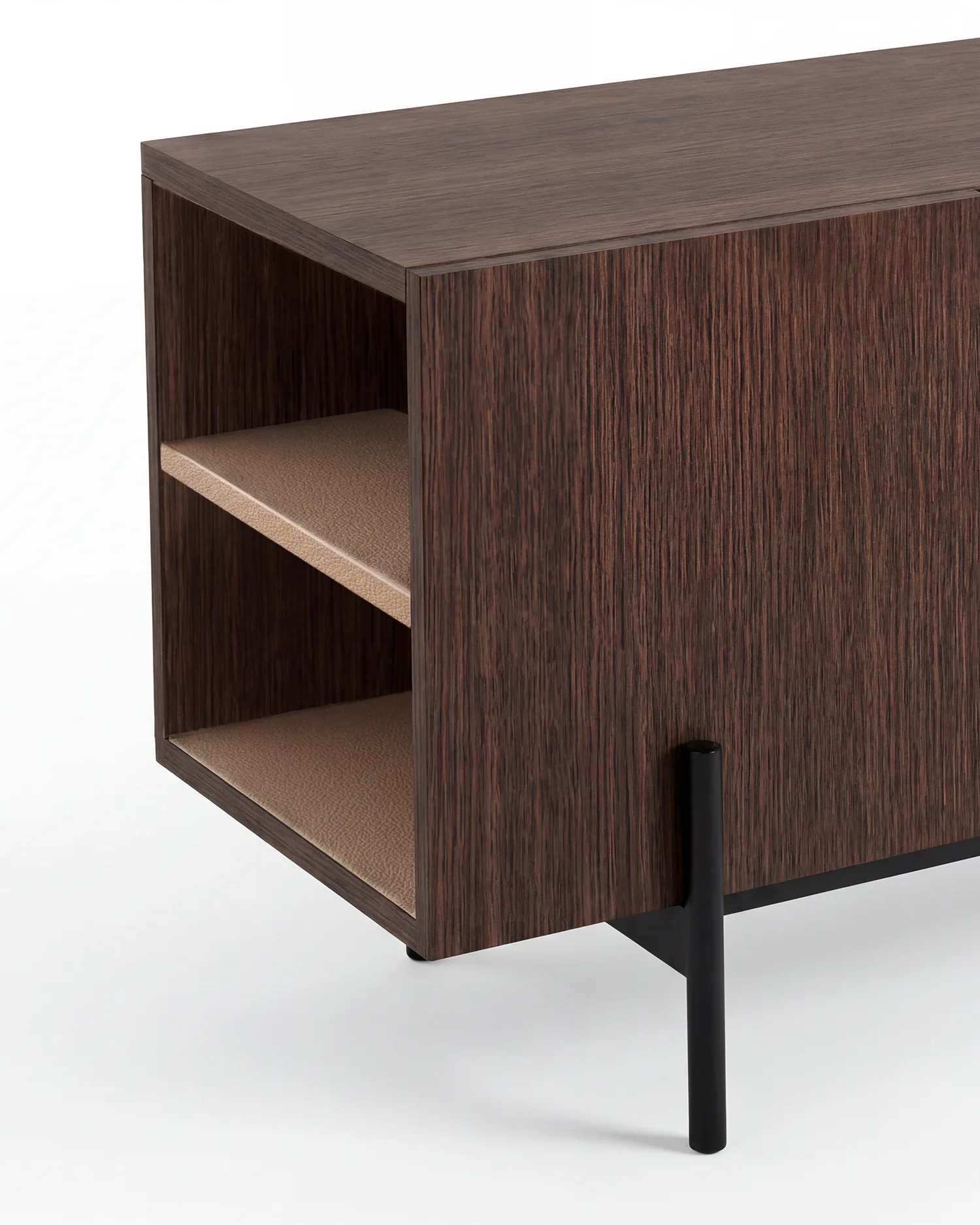 Perspectiva del mueble de TV Fora moka con estantes abiertos, foto IA