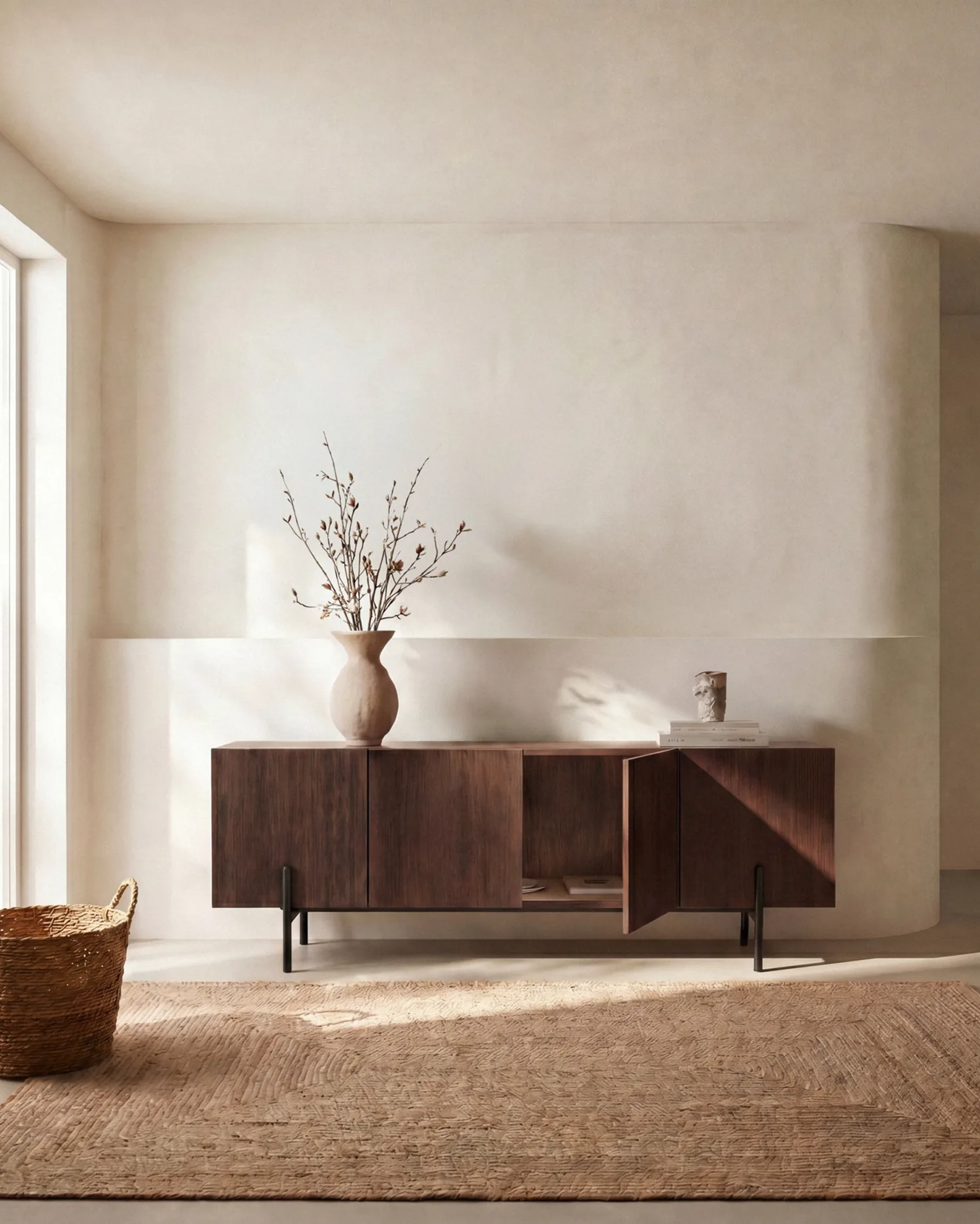 Salón con mueble de TV Fora moka con puerta abierta, escena IA
