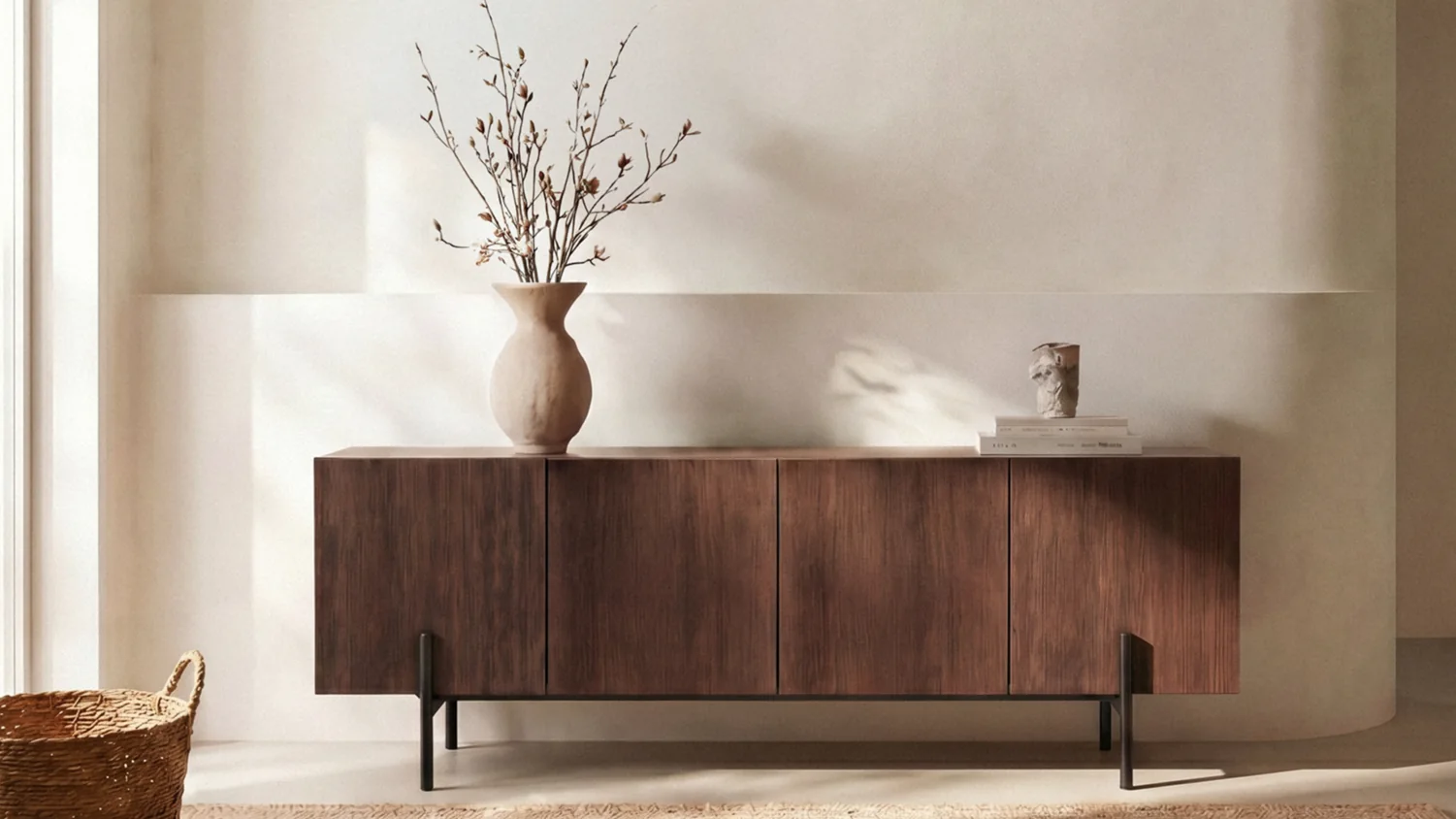 Oak TV unit in a living room scene created with AI for Lavila Home