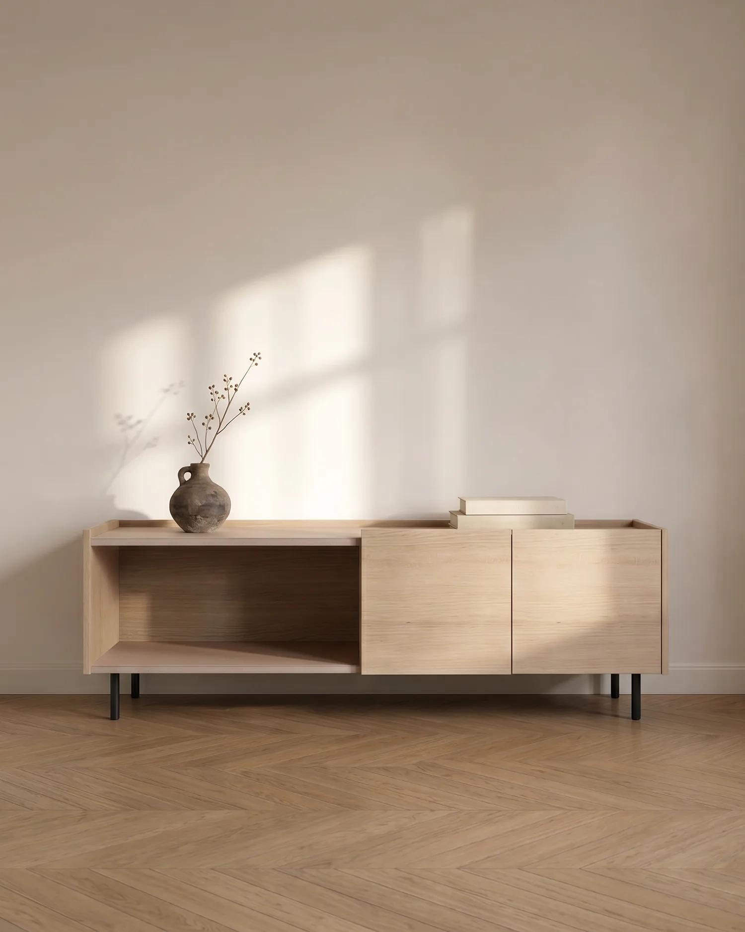 Mueble de TV Nido en roble nude con luz natural, escena IA