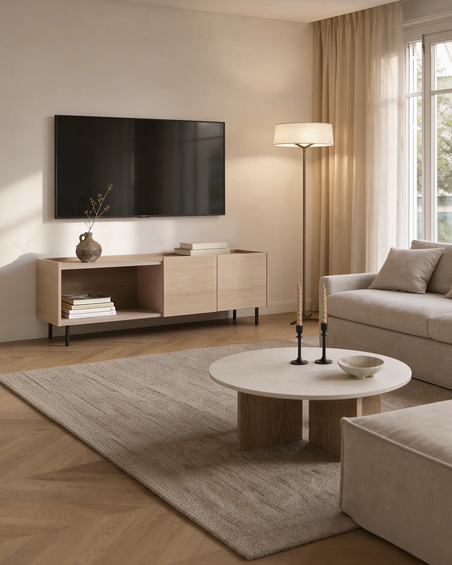 Salón con mueble de TV Nido nude y sofá Grau de Lavila, escena IA