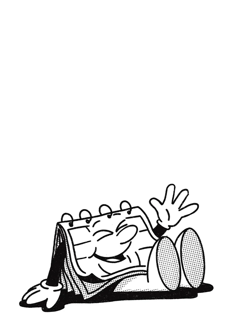 Mascota calendario tumbada saludando, ilustración retro