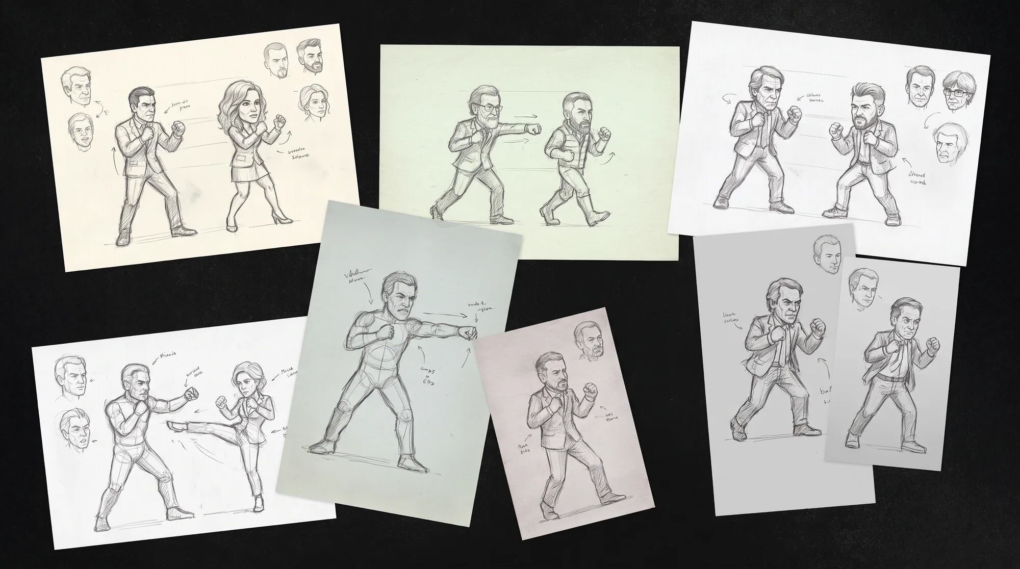 Bocetos a lápiz de los personajes enfrentados por parejas, con estudios de caras y anotaciones