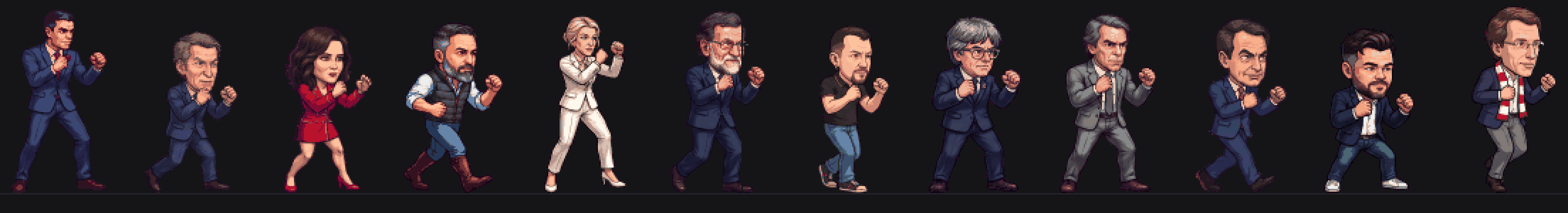 Doce luchadores de Moncloa's Fighter andando en fila en pixel art