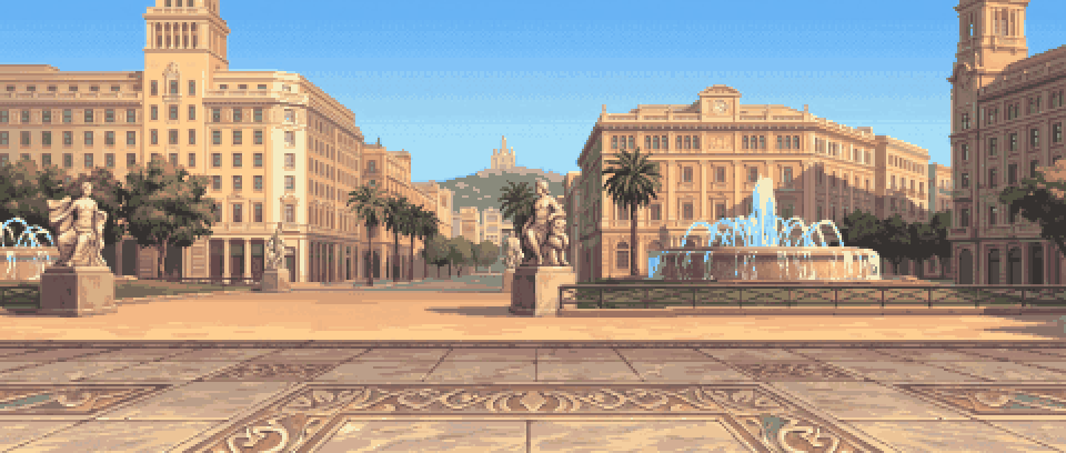 Escenario animado en pixel art: Plaça de Catalunya