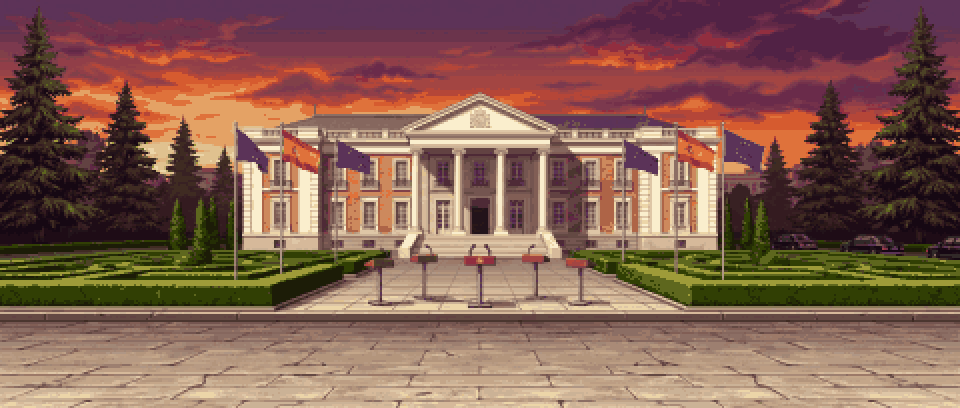 Escenario animado en pixel art: Palacio de la Moncloa