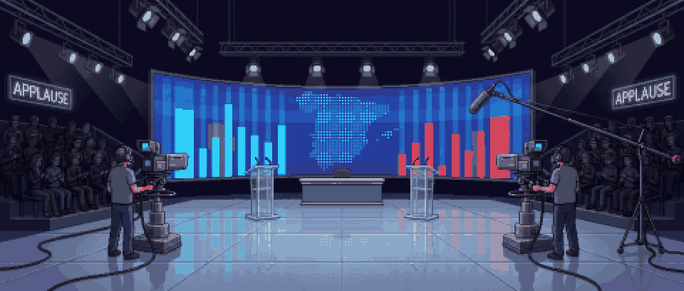 Escenario animado en pixel art: Plató del debate electoral