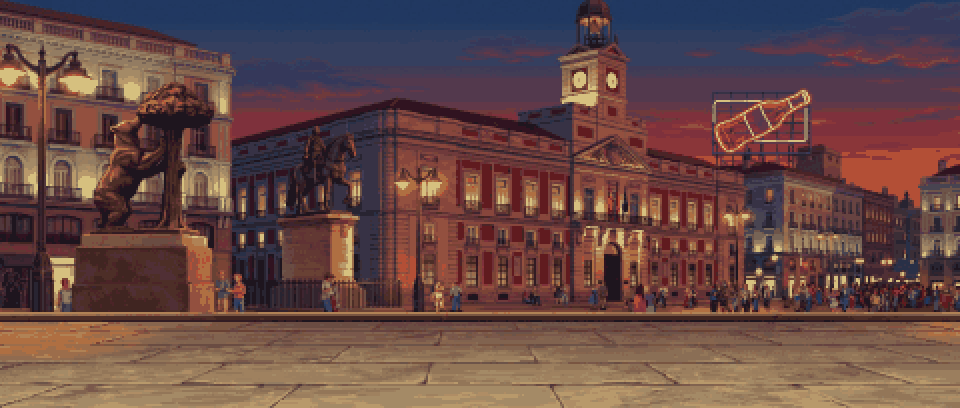 Escenario animado en pixel art: Puerta del Sol