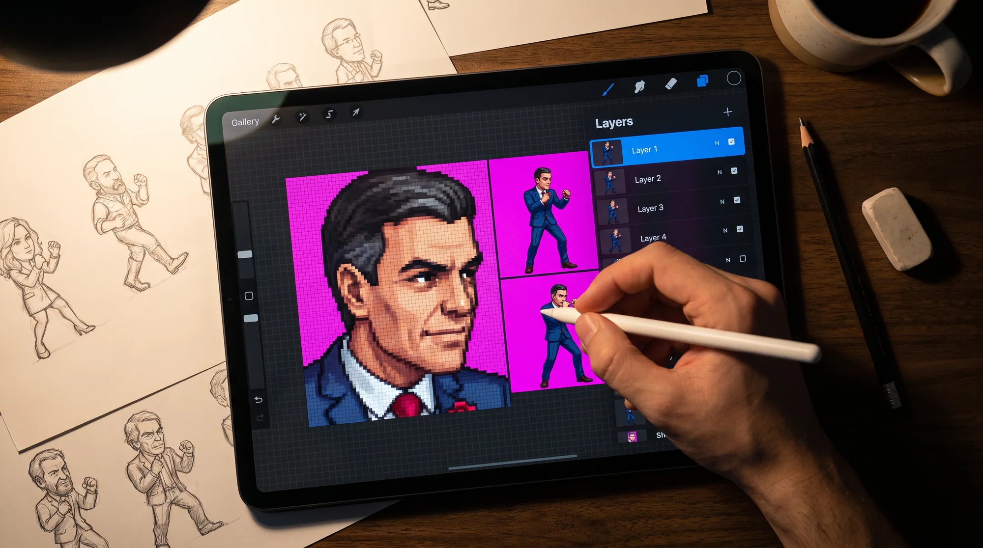 Retoque del pixel art de un luchador en un iPad con Procreate y Apple Pencil, rodeado de bocetos en papel