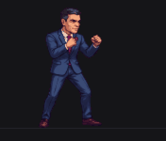 Animación en pixel art de Perro Sanxe: guardia, andar, puño, patada y especial